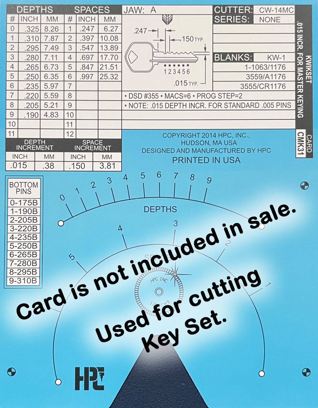 Kwikset KW1 .015 Increment, 5 Pin Space and Depth Keys ~ DSD#355, CMK31